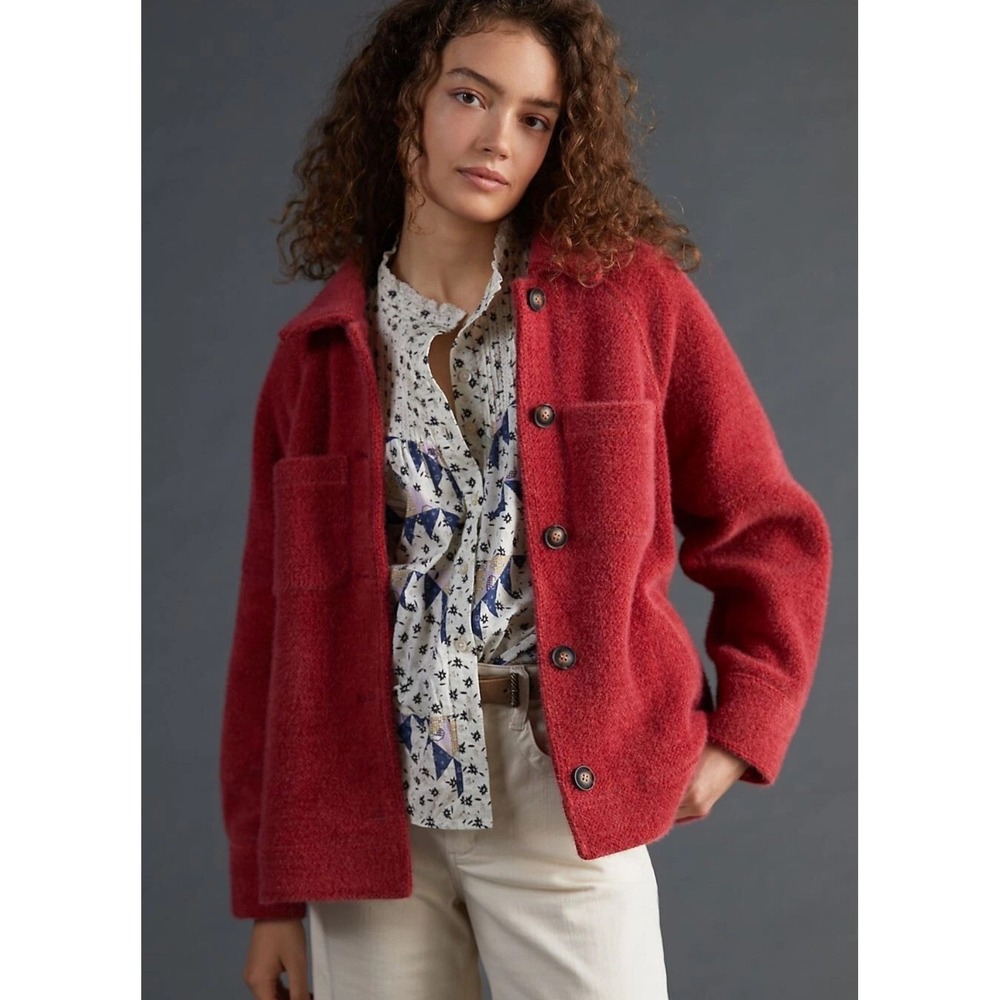 Greylin Anthropologie Women M Red Fuzzy Button Front Jacket Shacket Coat Pockets